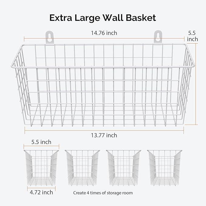 MaraFansie Wire Basket 4-Pack [Extra Large] Hanging Wall Organizer Cabinet Storage Basket Wall Mounted Shelves Rustic Farmhouse Decor for Home Kitchen Bathroom, White