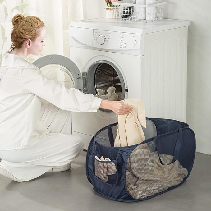 HONOMA Sturdy Mesh Laundry Hamper Basket Bag,Pop up Basket with Side Pocket for Laundry Room, Bathroom, Kids Room, College Dorm or Travel (Pop Horizontal, Black)