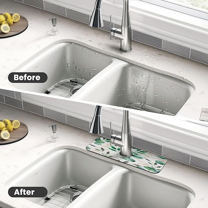 Faucet Draining Mat For Kitchen Sink, Green Leaves Diatom Mud Absorbent Drain Pad For Bathroom Kitchen Sink Splash Guard Drying Mat