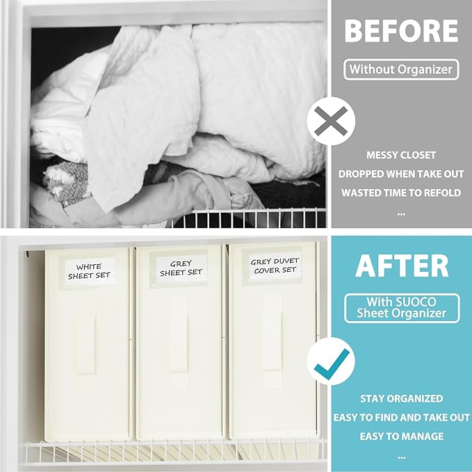 SheetCube Bed Sheet Organizers and Storage 4 Pack, Foldable Linen Closet Organizer with Window and Label, Bedding Folder Storage Box Container for Blanket, Duvet Cover Set, Bed Sheet Set - Beige