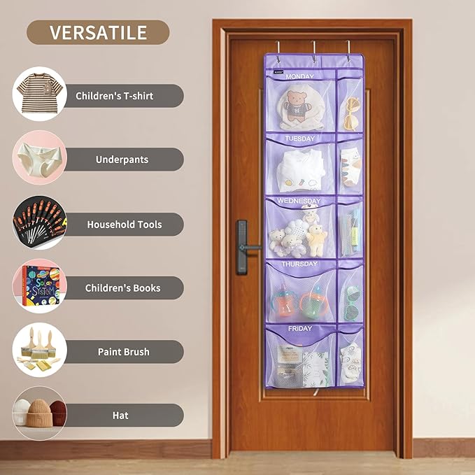 Weekly Clothes Organizer for Kids, Monday to Friday Hanging Closet Organizer, 5-Shelf Large Capacity School Storage with Side Pockets, Purple (Quantity 1)