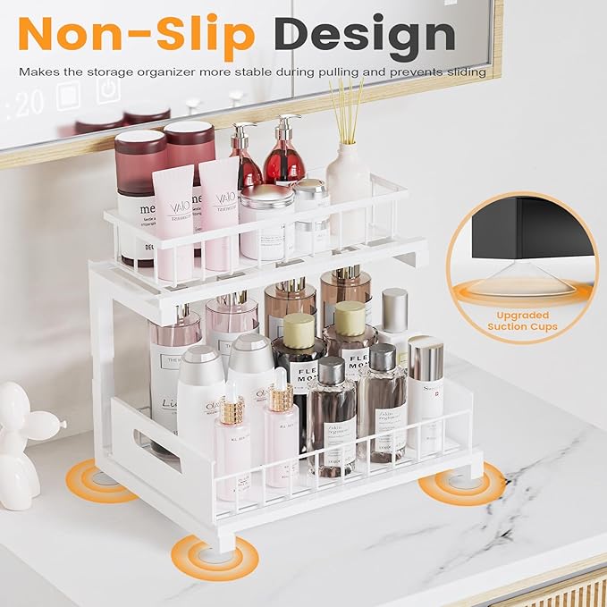Under Sink Organizer, Heavy Duty Metal Pull Out Cabinet Organizer Slide Out Sink Shelf Organizer Height Adjustable, Multi-Purpose Storage Shelf for Kitchen Bathroom(White,1Pack)