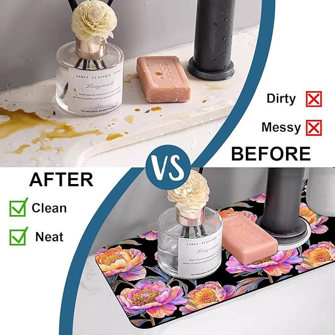Colorful Peonies Sink Splash Guard Blooming Peonies Faucet Absorbing Mat Fast Drying Mat Sink Gadgets Splash Guard Behind Faucet Drip Catcher for Kitchen Bathroom, 15.5"x5.5"