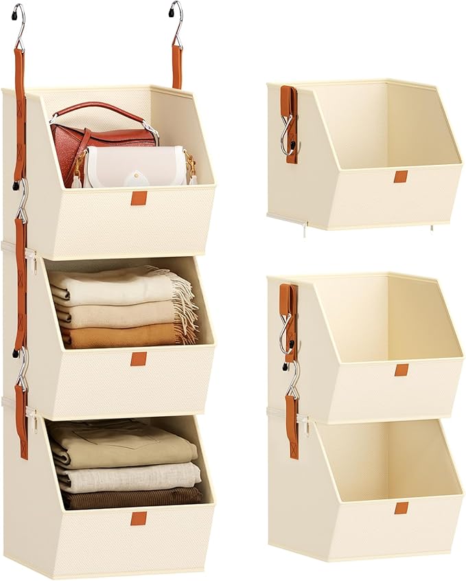 Collapsible Hanging Closet Organizer - 3 Tier Closet Shelves Storage System with Hooks, Fabric Hanging Storage Bins for Clothes, Foldable Storage Basket for Laundry, Bedroom, Rv, Beige