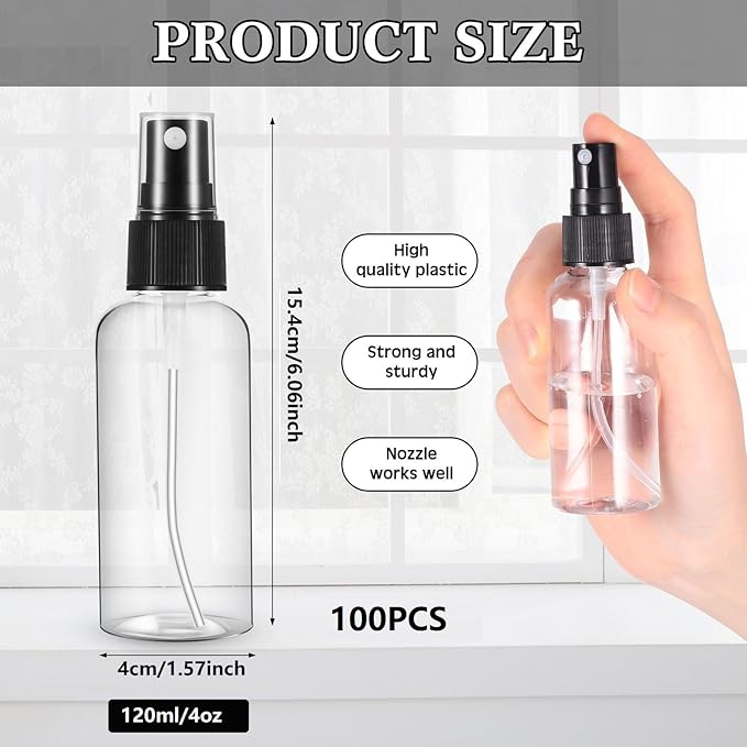 Kigley 100 Pcs Small Spray Bottle Bulk 4 oz Plastic Empty Mist Spray Bottles for Essential Oils Fine Mist Sprayer Reusable Refillable Portable Travel Containers for Perfume Cleaning Samples(Clear)