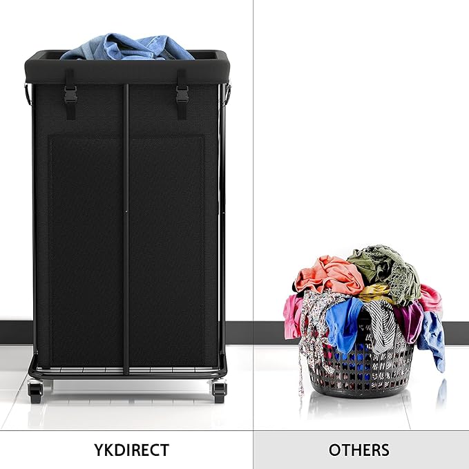 150L Laundry Basket Laundry Hamper with Wheels, Metal & Oxford Fabric Laundry Clothes Hamper, Suitable for Bedroom, Bathroom, Dorm Room, Laundry Room (Dark Black, 150L)
