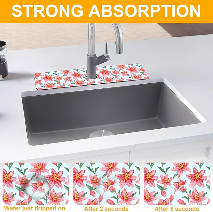 2 Pack Vintage Flowers Leaves Sink Faucet Absorbing Mat Colorful Llilies Super Absorbent Fast Drying Mat Sink Gadgets Behind Faucet Sinkmat for Kitchen Bathroom, 23.5"x5.5"