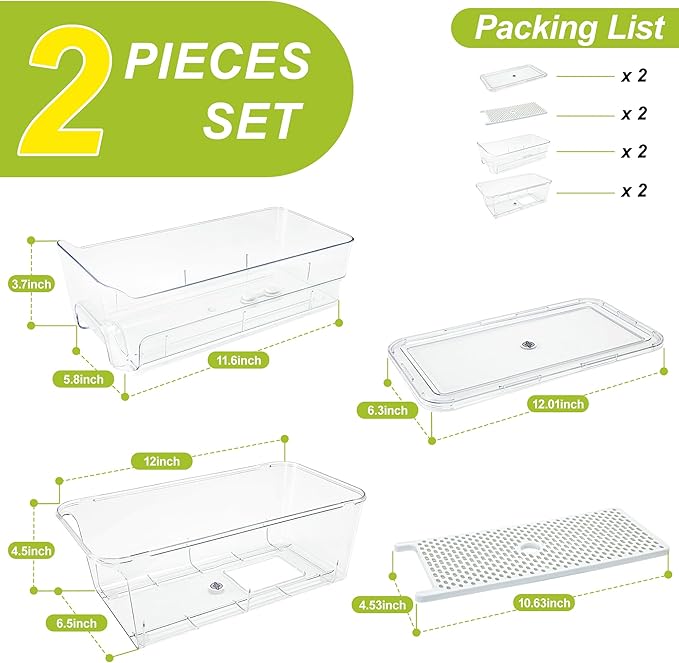 Pull Out Fridge Organizer Drawer, Stackable Refrigerator Storage Bins with Drain Tray and Lid, Clear Fruit and Vegetable Storage Containers Box, for Kitchen Freezer, 2-Pack