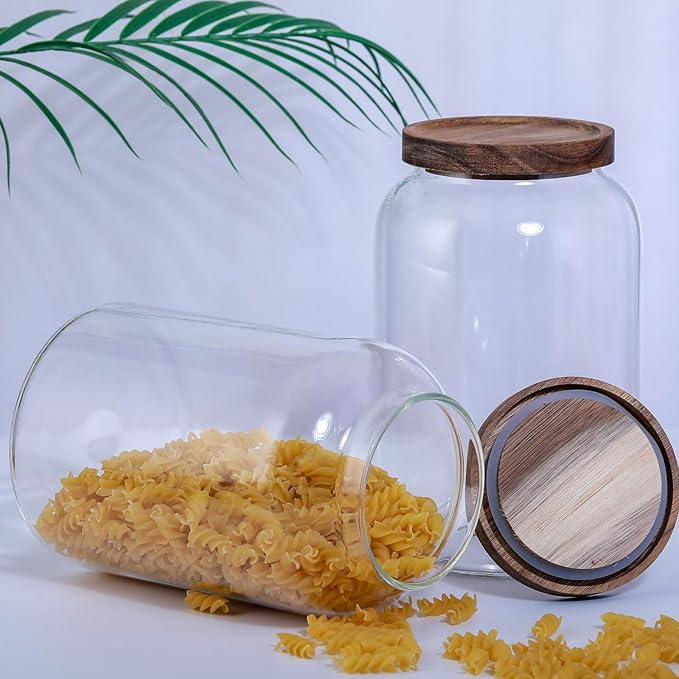COBKSXUEP Large Glass Jar with Airtight Lid 94 FL OZ Glass Canister Set Wooden Lids Glass Food Storage Containers for Kitchen Counter Flour Tea Coffee Beans Sugar Cookies Overnight Oats (2pcs 2.8L)
