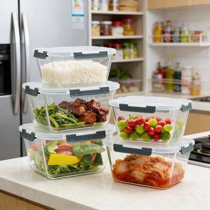 2 Pack Large Glass Food Storage Containers with Lids 85oz/10.5cup Big Airtight Storage Containers for Rotisserie Chicken Meal Prep Leftovers, BPA Free & Leak Proof, Microwave, Oven Safe (gray)