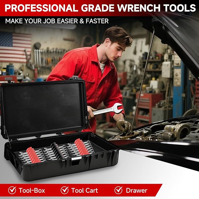 48 PCS Magnetic Modular Wrench Organizers for Tool Drawers- Customizable Wrench Rack with Metric & SAE Labels, Tool Storage Holder - Gift for Professional Mechanics Men-Red