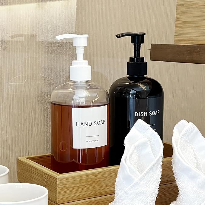 Soap Dispenser with Waterproof Labels, Thickened Plastic Hand Soap Dispenser for Bathroom, Kitchen Dish Washing Liquid Bottles, Shampoo and Conditioner Bottles (16.9 oz, Set of 2, Black)