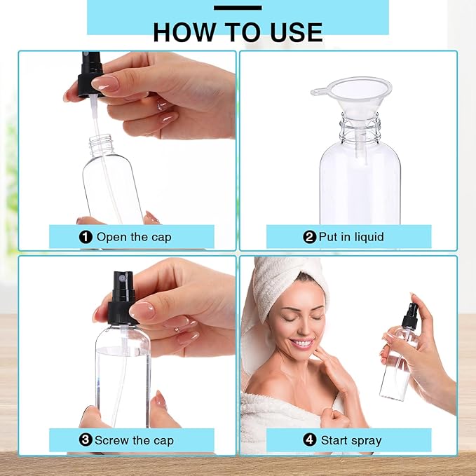Kigley 100 Pcs Small Spray Bottle Bulk 4 oz Plastic Empty Mist Spray Bottles for Essential Oils Fine Mist Sprayer Reusable Refillable Portable Travel Containers for Perfume Cleaning Samples(Clear)