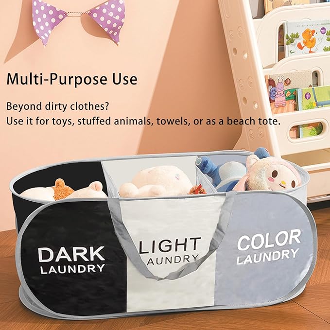Foldable Pop Up Laundry Hamper, 3 Compartment Laundry Basket Collapsible, Easy to Sort Clothes Hampers for Laundry Room, Dorm Room Essential