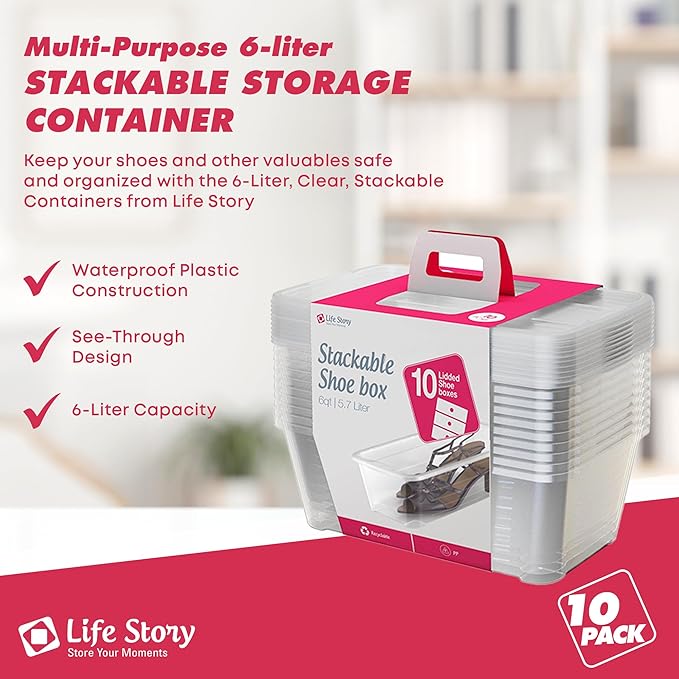 Life Story 10-Pack Plastic Storage Box, Stackable Shoe Organizer Tote Containers, 6 Liter - Clear Bins and Boxes with Lids for Bedroom, Closet, Cabinet, and Garage Organization