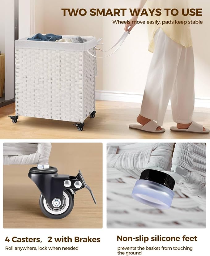 Greenstell Laundry Hamper with Wheels, No Install Needed, 110L Divided Handwoven Hampers & 2 Removable Liner Bags, Rattan Clothes Laundry Basket with Lid & Handles, Foldable Hampers White