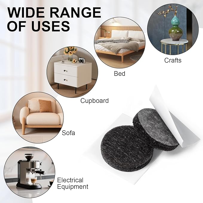 Felt Furniture Pads 224 PCS, 10 Sizes, Felt Pads for Chair Legs, Suitable for Round and Square Chair Legs, to Prevent Scratches, Reduce Noise and Protect The Floor (Black)