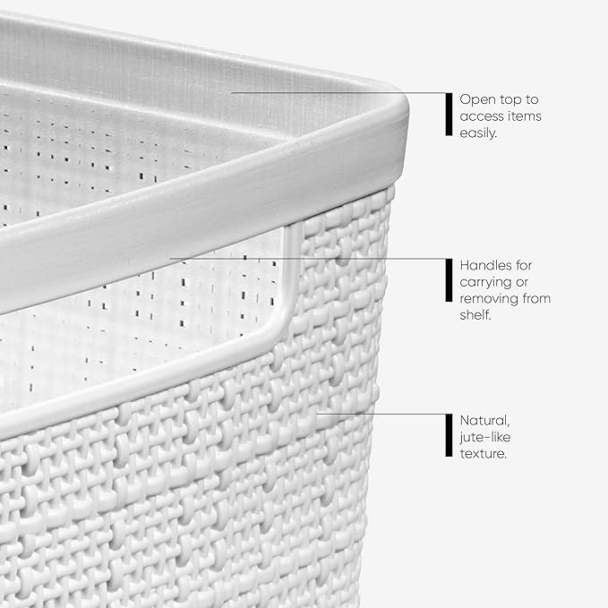 Curver Set of 8 Slim 6.8L Jute Decorative Plastic Organization and Storage Baskets - Perfect Bins for Home Office, Closet Shelves, Kitchen Pantry and All Bedroom Essentials, White