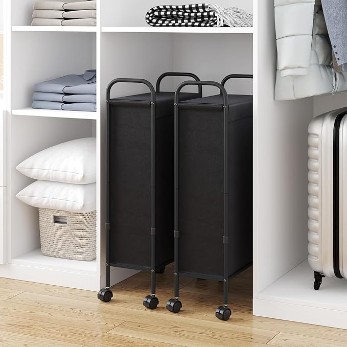 ELYKEN Slim Laundry Hamper with Lid, 50L Small Rolling Laundry Basket on Wheels, 7.9” Narrow Dirty Cloth Cart with Removable Inner Bag for Small Bathroom, Bedroom, Black
