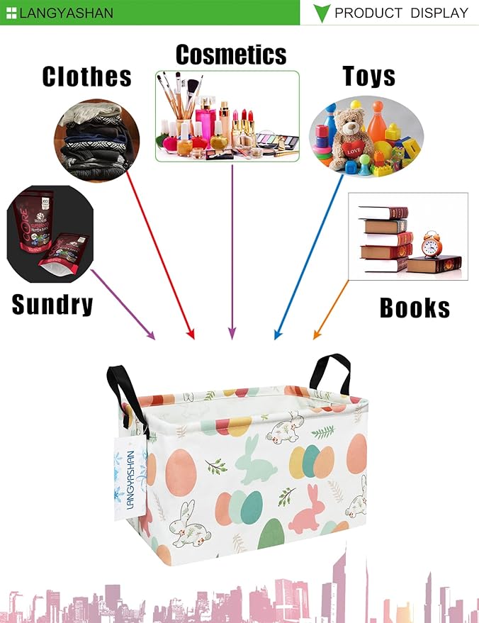 LANGYASHAN Rectangular Storage Bin Collapse Canvas Fabric Cartoon Storage Basket with Handles for Organizing Home Kitchen Boys and Girls Toys Office Closet Shelf Baskets (Rec Rabbit Easter Egg)
