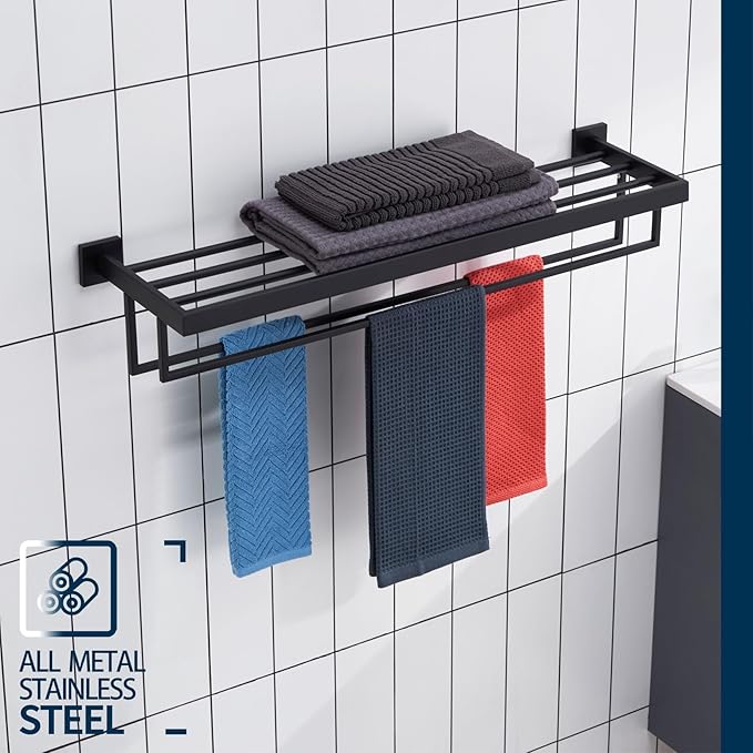 KOKOSIRI Black Towel Rack 32'' Bathroom Towel Shelf with Double Towel Bars SUS304 Matte Black Stainless Steel Wall Mounted, B6003BK-L32