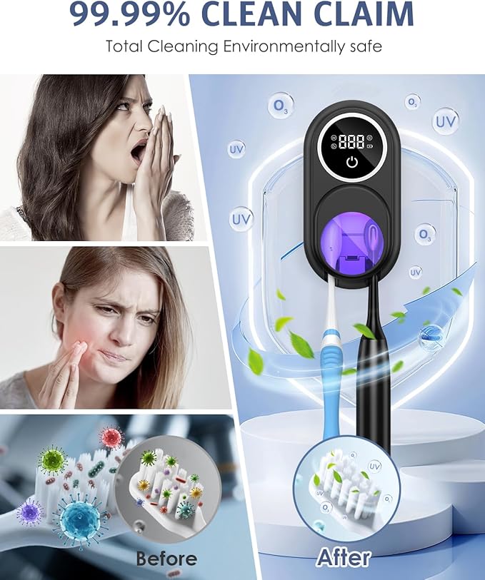Temracha Toothbrush Sanitizer Holder, Upgraded UV Toothbrush Holder with Dual-Mode Clean & Air Dry, LED Smart Screen, Auto-Inductive Cover, Toothbrush Wall Mounted Cleaner Organizer for Bathroom, Trip