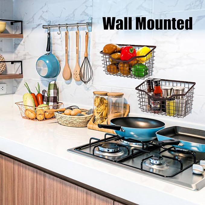 Nicunom 2 Pack Cabinet & Wall Mount Basket, Large Metal Wire Basket Wall Mount Hanging Basket Over Cabinet Door Organizer Bin Grid Storage Baskets for Home Kitchen Bathroom Pantry, Bronze