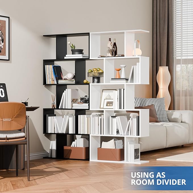 Cozy Castle Set of 2 Geometric Bookcase, S-Shaped Modern Bookshelf, Room Divider Bookshelf, 62" Tall Unique Abstract Bookcase with 5-Tier Display Shelf for Living Room Office, White & Black