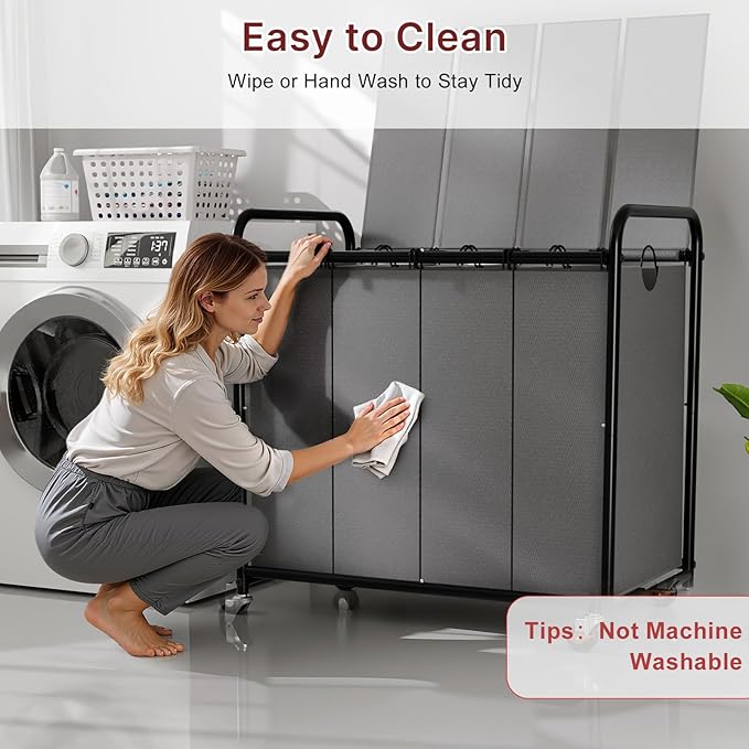 4-Compartment Laundry Cart with Lockable Wheels & Lid 180L Large Wheeled Laundry Basket Heavy-Duty Sorting Organizer for Laundry Room (Grey)
