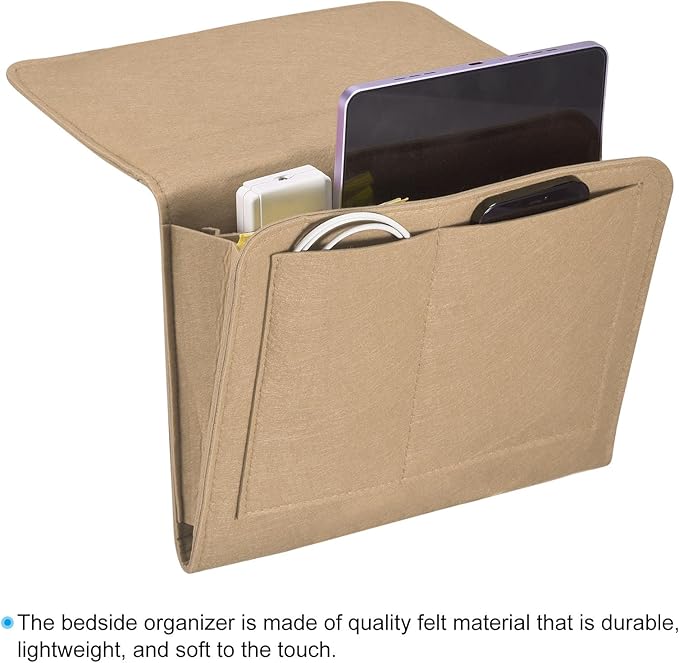 PATIKIL 11in Bedside Caddy, Bed Caddy Bedside Organizer Hanging 5 Pocket Soft Felt Bed Pockets Bedside Storage Organizer Remote Control Holder for Bedroom Phones Glasses, Beige