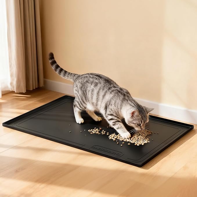 Aisslro Under Sink Mat 22" X 19", Waterproof Silicone Cabinet Organizer Protector with Raised Edge, Kitchen & Bathroom Leak Tray, Shelf Liner & Pet Feeding Mat for Dog Cat Food Mats, Black
