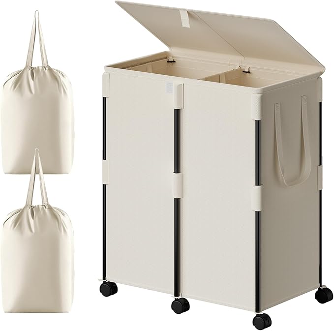 Chrislley 140L Large Double Laundry Hamper with Lid and 6 Wheels, Rolling Laundry Basket with 2 Removable Bags, Heavy Duty Metal Frame Laundry Cart, Dirty Clothes Hamper for Bathroom, Bedroom (Beige)