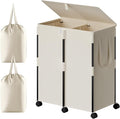 Chrislley 140L Large Double Laundry Hamper with Lid and 6 Wheels, Rolling Laundry Basket with 2 Removable Bags, Heavy Duty Metal Frame Laundry Cart, Dirty Clothes Hamper for Bathroom, Bedroom (Beige)