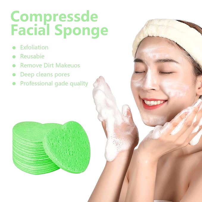 100-Count Compressed Facial Sponges for Estheticians Heart Shape Natural Cellulose Sponge Professional Cosmetic Spa Sponges for Face Cleansing, Massage, Pore Exfoliating, Mask, Makeup Removal, Green