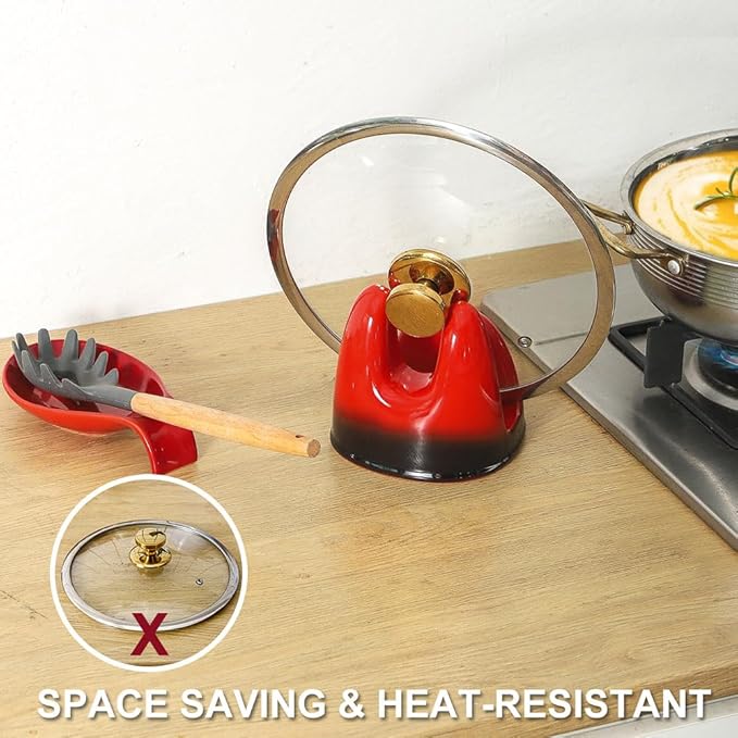 Nihow Pot Lid Holder: Stable Ceramic Pan Lid Holder for Kitchen Counter Decor/Countertop/Stove Top- Heat Resistant & Dishwasher Safe - Elegant Black & Red(1PC)
