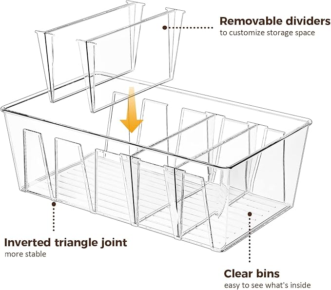 Puricon 4 Pack Pantry Organization and Storage Bins for Kitchen Fridge Countertop Cabinet, Stackable Clear Plastic Storage Racks with Removable Dividers, 5 Compartments for Snacks Packets Spices
