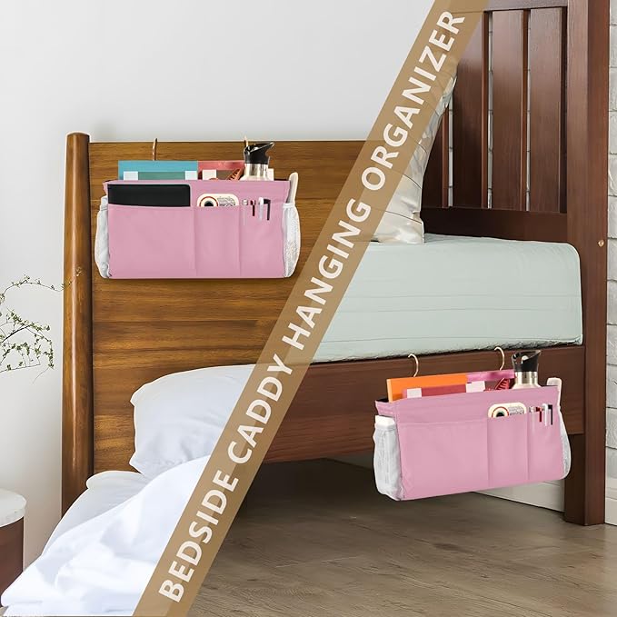 KOPIRIT Rose Red Bedside Caddy Storage Bag Bedside Organizer for Dorm Room Top Bunk Bed Hanging Storage Organizer 6 Pockets with Hooks for Book Glasses Phone Holder