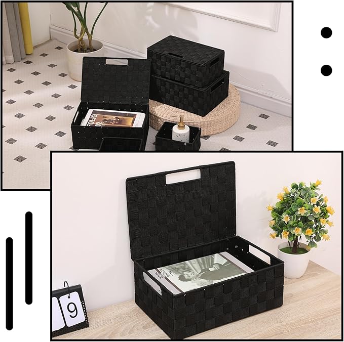 Storage Bins Woven Organizer with Lids Set of 5 – Polypropylene Storage Baskets with Metal Frame, Stackable Fabric Boxes for Drawers, Closet, Shelf, Nursery and Office, Black