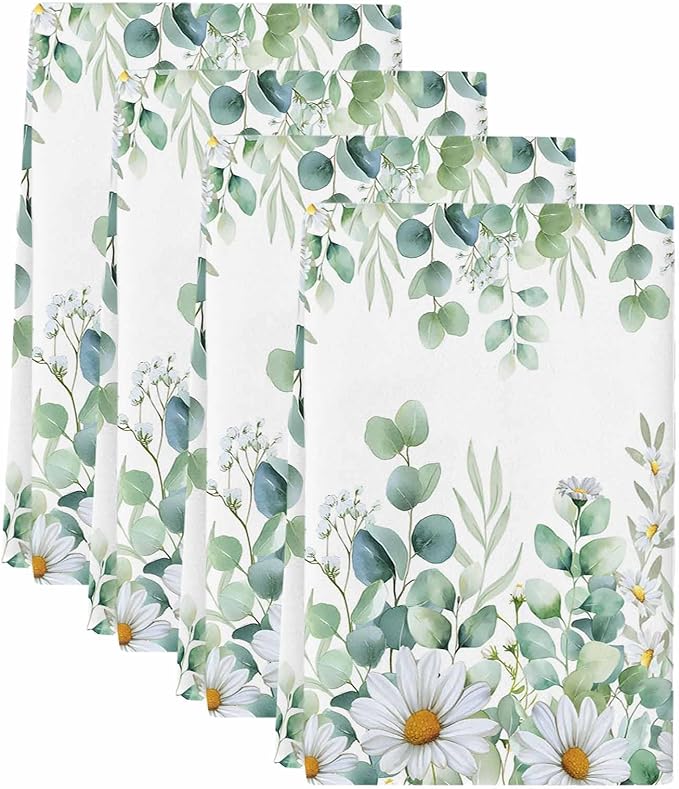 Kitchen Towels Set of 4, Green Eucalyptus Leaves Soft Microfiber Dish Towels, Summer Botanical Watercolor Daisy Absorbent Washable Dishcloths for Kitchen Cleaning, Drying Dishes, 18x28 Inches