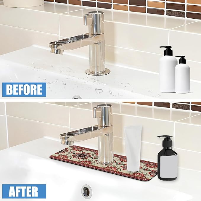 Sink Faucet Absorbing Mat Red Retro Boho Sink Splash Guard Drying Mat for Kitchen Bathroom Faucet Sinkmat 15.5"X5.5"