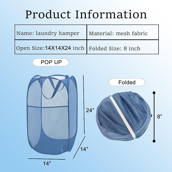 Mesh Pop Up Laundry Hamper for Cruise, Collapsible Laundry Basket Foldable Dirty Clothes Hamper with Handles, Side pocket, Ash Blue