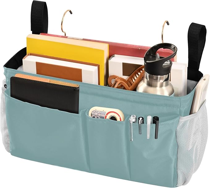 KOPIRIT Teal Bedside Caddy Storage Bag Bedside Organizer for Bunk Bed Headboards College Bedside Shelf Hanging Organizer 6 Pockets with Hooks for Glasses Book Tablet Holder