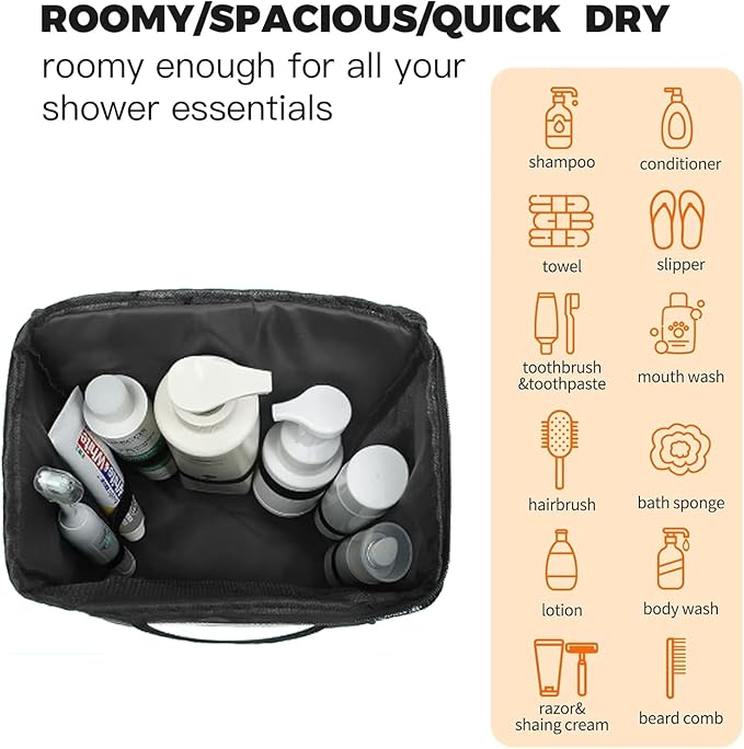Mesh Shower Caddy for College Dorms – Portable Hanging Toiletry Bag with Quick-Dry Mesh, Metal Hook & Spacious Compartments for Bathroom, Gym, Travel, Beach & Camping