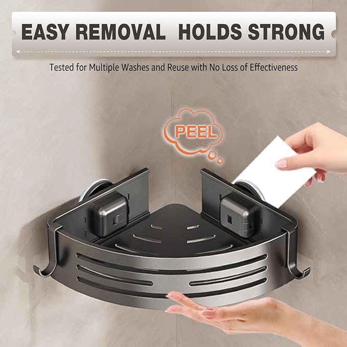 Conworld Corner Shower Caddy with Suction Cups, Shower Suction Shelf With Towel Bar, Wall Bathroom Shower Organizer Corner with Hooks, No-Drilling Removable (Aluminum, 2-Pack, Gunmetal Gray)