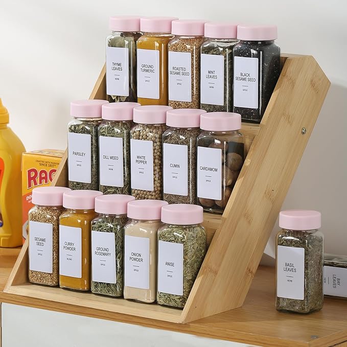 48 Glass Spice Jars with Labels,Spice Jar Set,4oz Seasoning Containers,Spice Containers with Pink Airtight Lids and Shaker Lids,Square Empty Spice Bottles, 492 Labels,1 Funnel