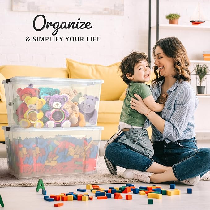 Lifetime Appliance Parts 4 PACK 75 Qt. Plastic Storage Bin Tote Organizing Container with Ultra Durable Lid & Secure Latching Buckles Stackable Extra Strength Clear w/Black Handle