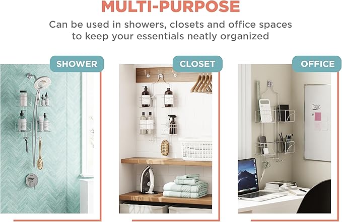 Zenna Home Shower Caddy Hanging Bathroom Organizer, Steel Shower Shelves with 4 Sliding Baskets and Built in Hooks, Accomodates Hose for Handheld Shower Head Storage System, Chrome