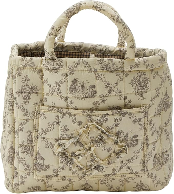 Quilted Fabric Storage Basket with Handles & Pocket, Foldable Laundry Hamper Boho Floral Print Organizer Bin for Home, Picnic, Office 12"x10"x10" (B-1)