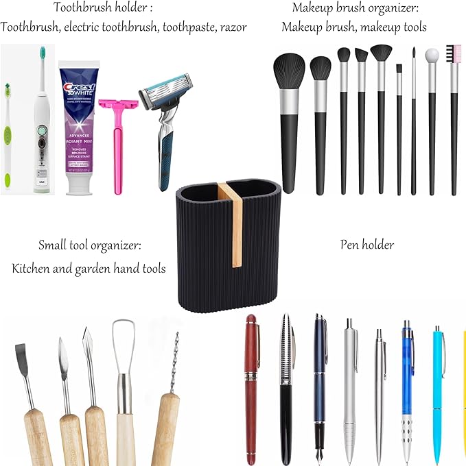 rejomiik Matte Black Toothbrush Holders Electric Toothbrush Holder for Bathrooms, Bamboo Tooth Brushing and Toothpaste Storage Organizer for Sink, Countertop