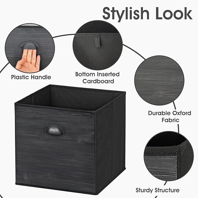 homyfort Fabric Cube Storage Organizer Bins, 12x12 Inch Black Wood Grain Printing Storage Cubes, Closet Cloth Baskets Box For Shelves, Set of 6